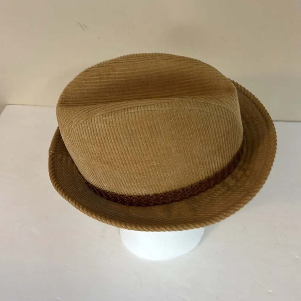 Vintage Tan Corduroy London Fog Feathered Fedora Size 7